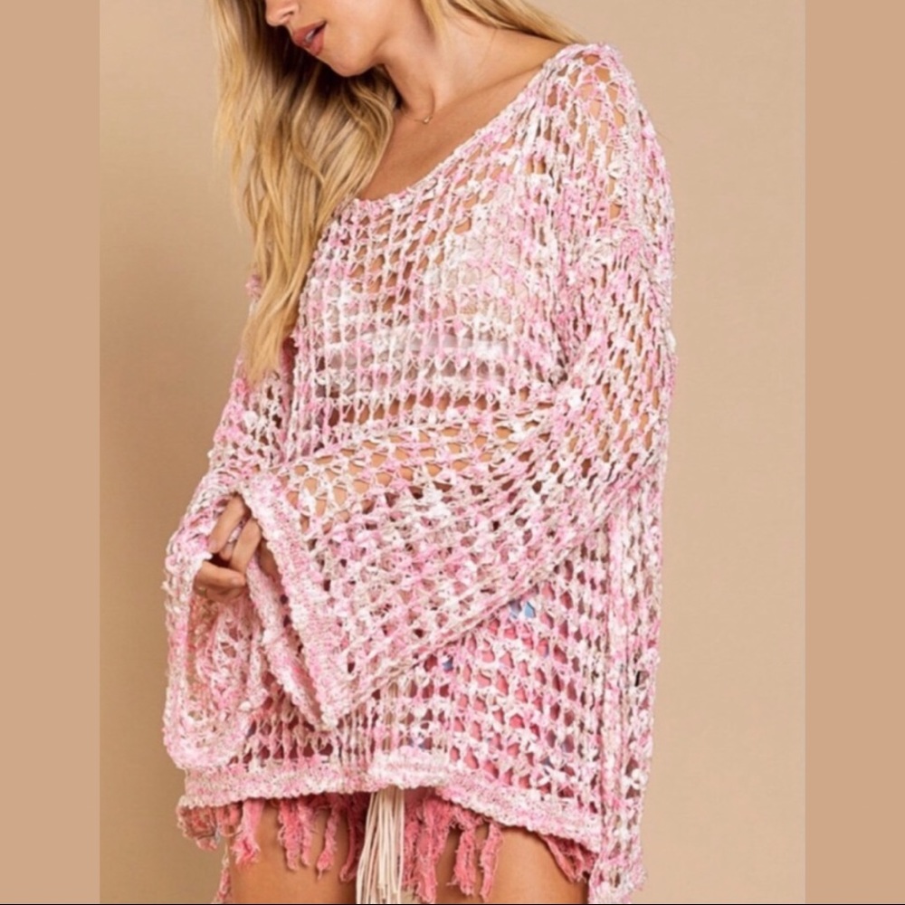 POL Pink Cream Fishnet Sweater Loose Knit Fishnet Tunic Sweater - Picture 13 of 14
